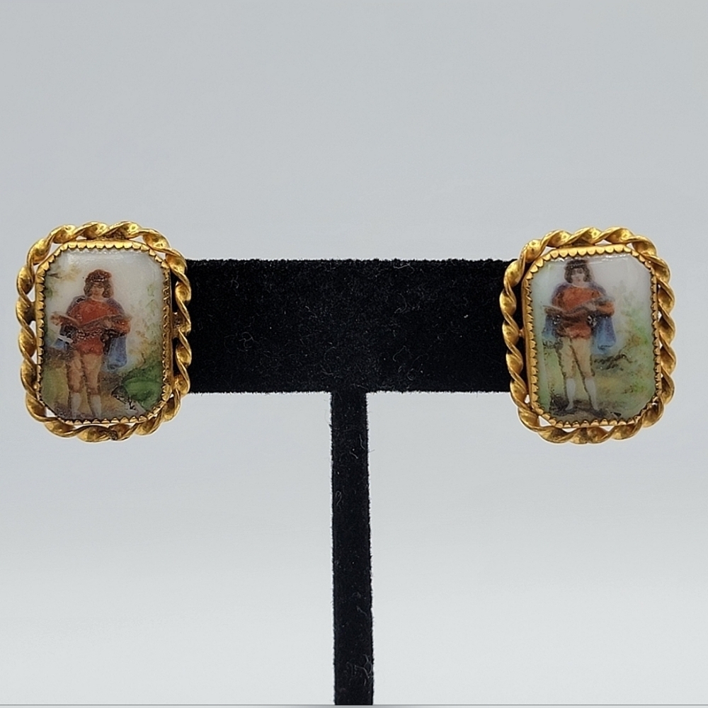 Vintage Earrings Porcelain Hand Painted #2294